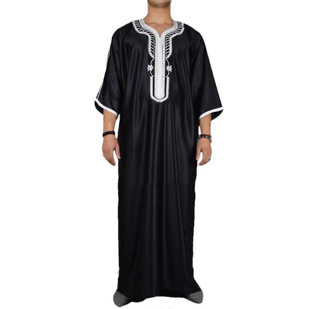 Kaftan Arabisch Muslimische Robe Männer Langarm Dubai Islamisches ethnisches Kleid Nachthemden Lose Freizeitkleidung XL Schwarz