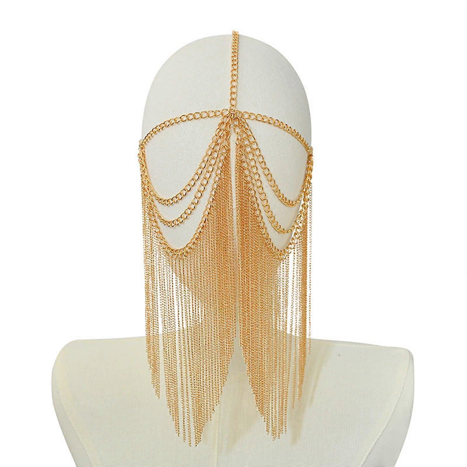 Punk Masquerade Metal Head Chain Mask Tassels Face Headwear Necklace Jewelry For Halloween Cosplay Nightclub Party Gold