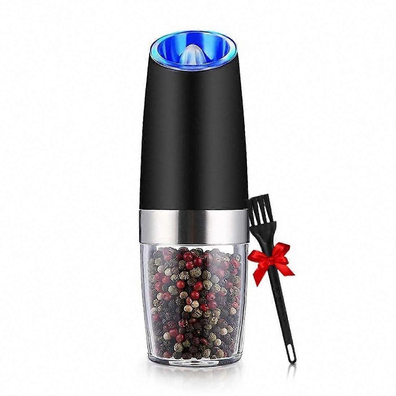 Electric Pepper Grinder Automatic Gravity Induction Adjustable Coarseness with Blue LED Light Battery Powered (Black)