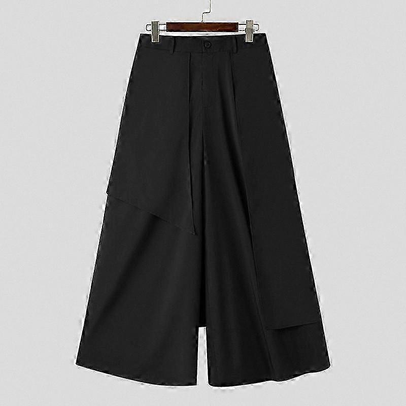 Men's High Waist Casual Trousers with Irregular Solid Color Design Hakama Style