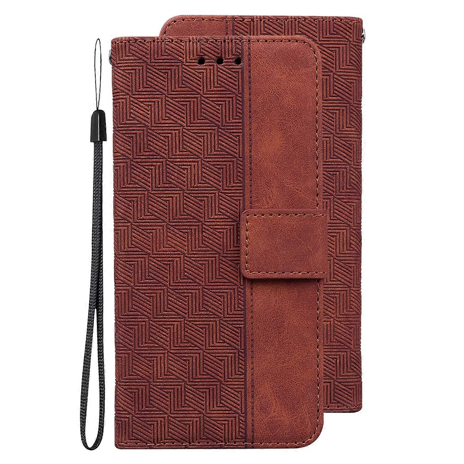 Leather Phone Case for Motorola Moto Edge 2021, Slim Shockproof Flip Wallet with Geometric Embossed Brown Design