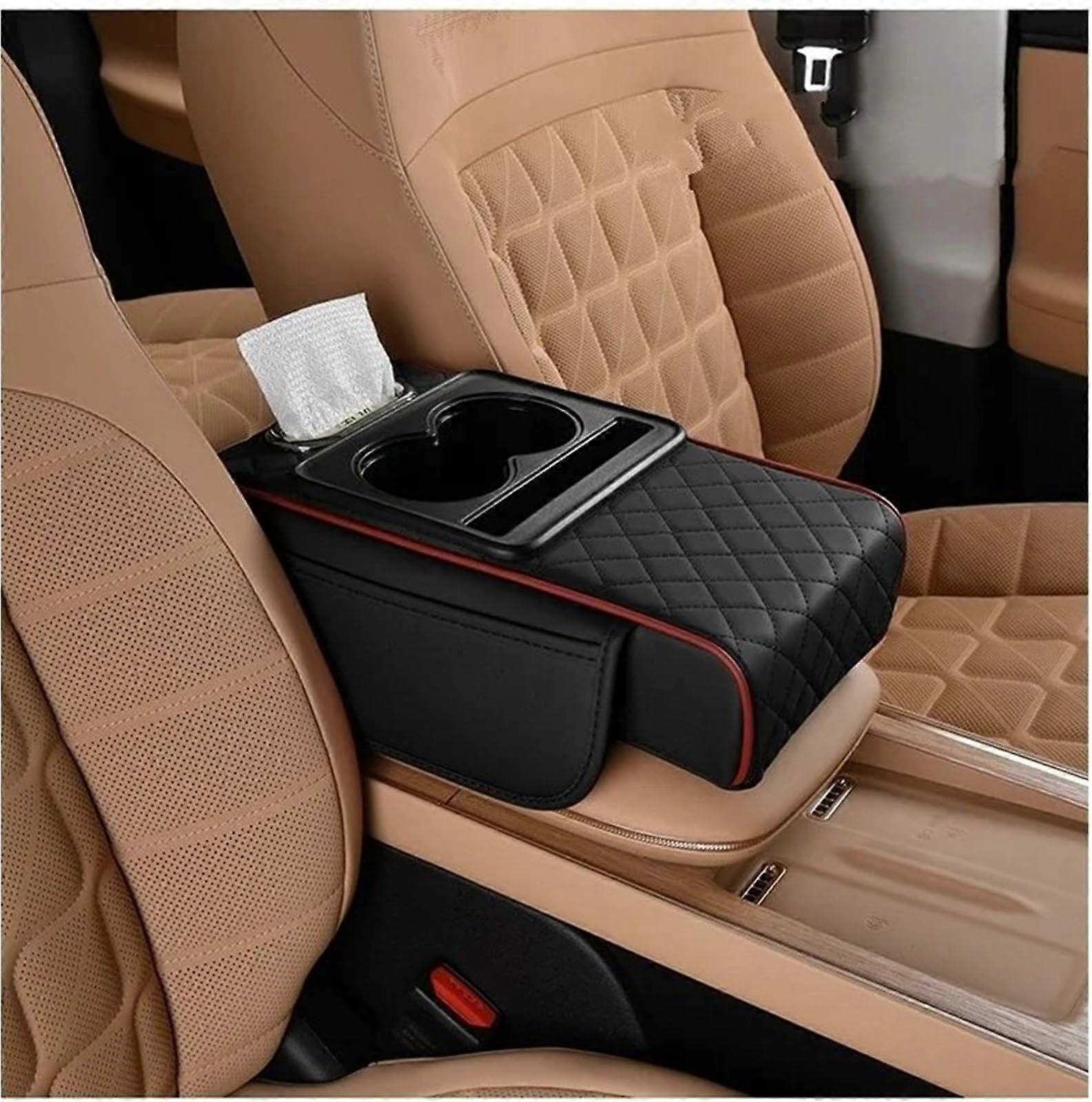 Armrest Storage Box Auto Center Console Armrest Cushion With 2 Cup Holder Heightening Pad Auto Pillow Cover Pad For All Seasons(Red)