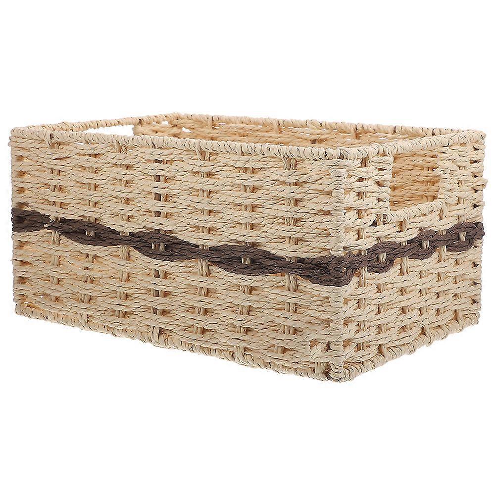 Woven Shelf Basket Multipurpose Storage Basket Khaki Rectangular Living Room Use 1Set