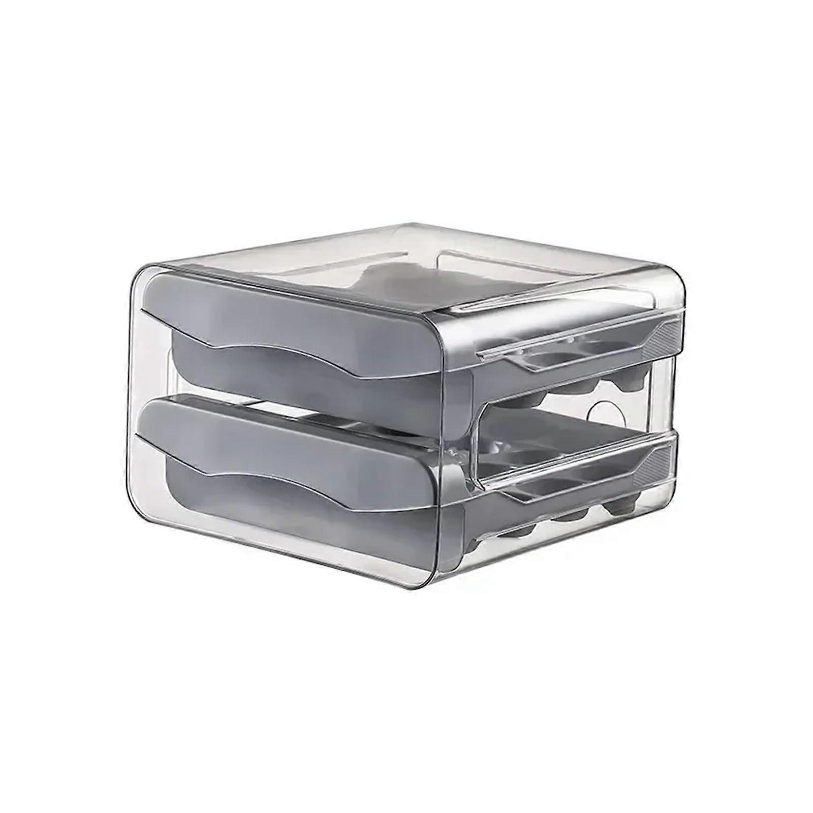 Kitchen Egg Storage Box Plastic 2Layer Drawer Type Large Capacity Grey Refrigerator Egg Organizer Rack
