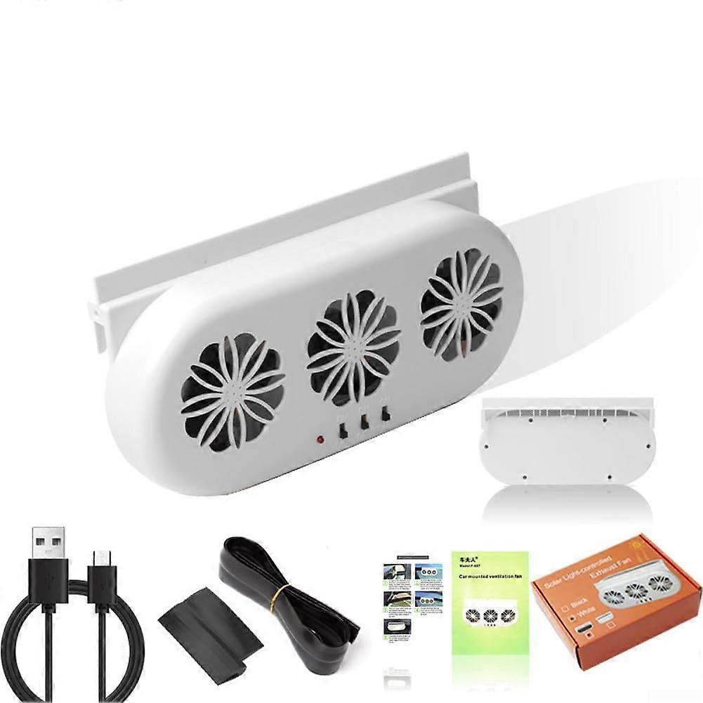 Solar Powered Car Window Exhaust Fan USB Rechargeable Window Mount White ThreeSided Suction Car Air Circulation Cooling System