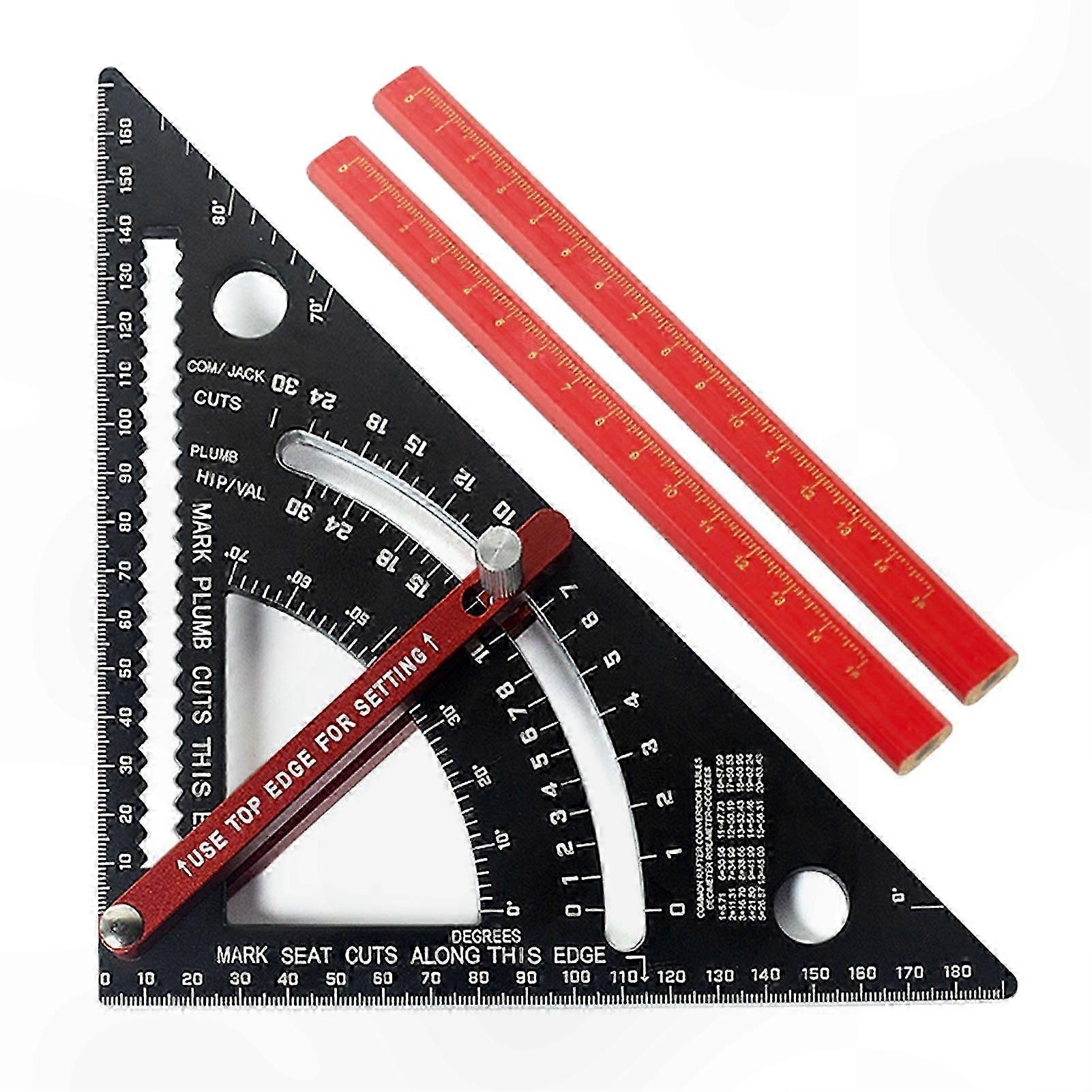 Adjustable Metric Triangle Ruler with 80° Angle and 2 Pencils for Carpentry Measuring Tasks
