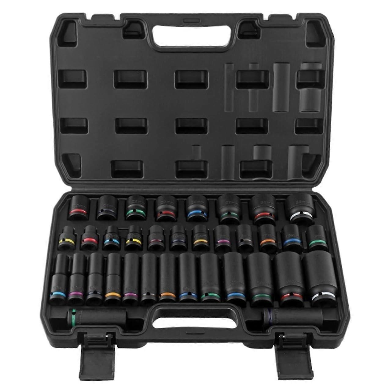 Car Tool Set 35Piece Mechanics Socket Set Pneumatic ThickWall Sockets Color Ring Auto Kit Black 41.5X26X7.5CM