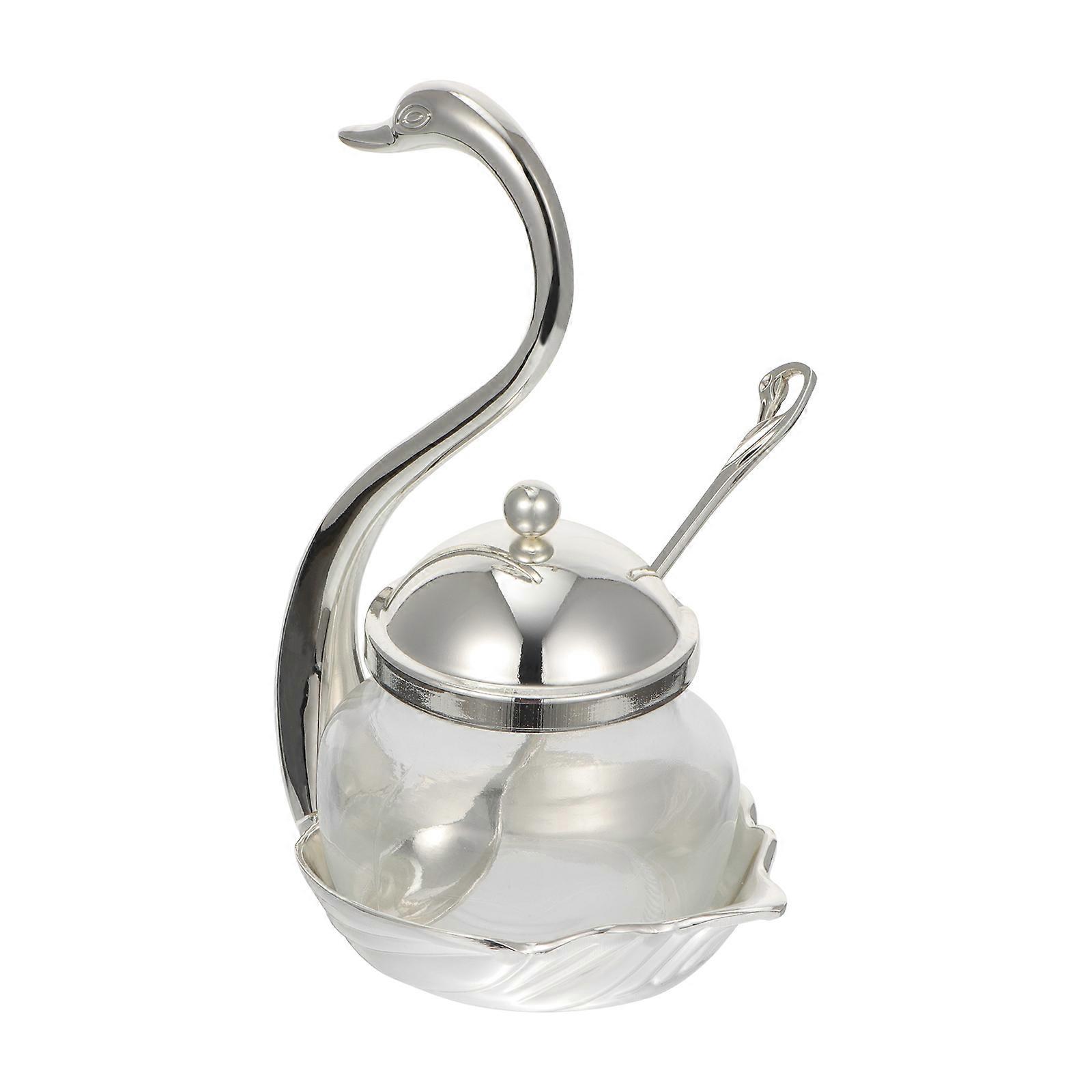 Seasoning Jar with Spoon Condiment Pot Swan Rack 2Pcs Glass Spice Container