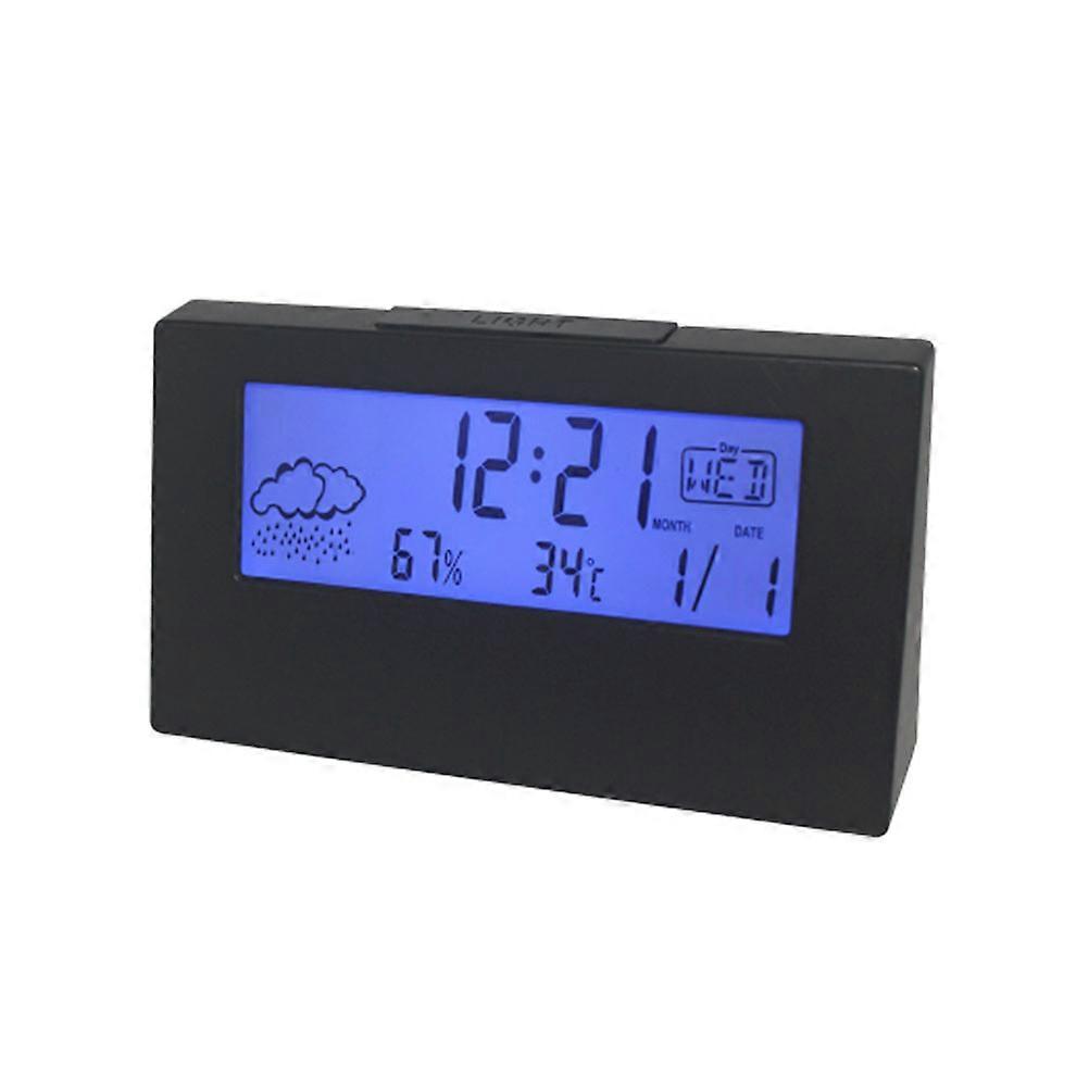 Snooze Alarm Clock Weather Display Gadget Black Round Shape For Kids Study Room 1Pack