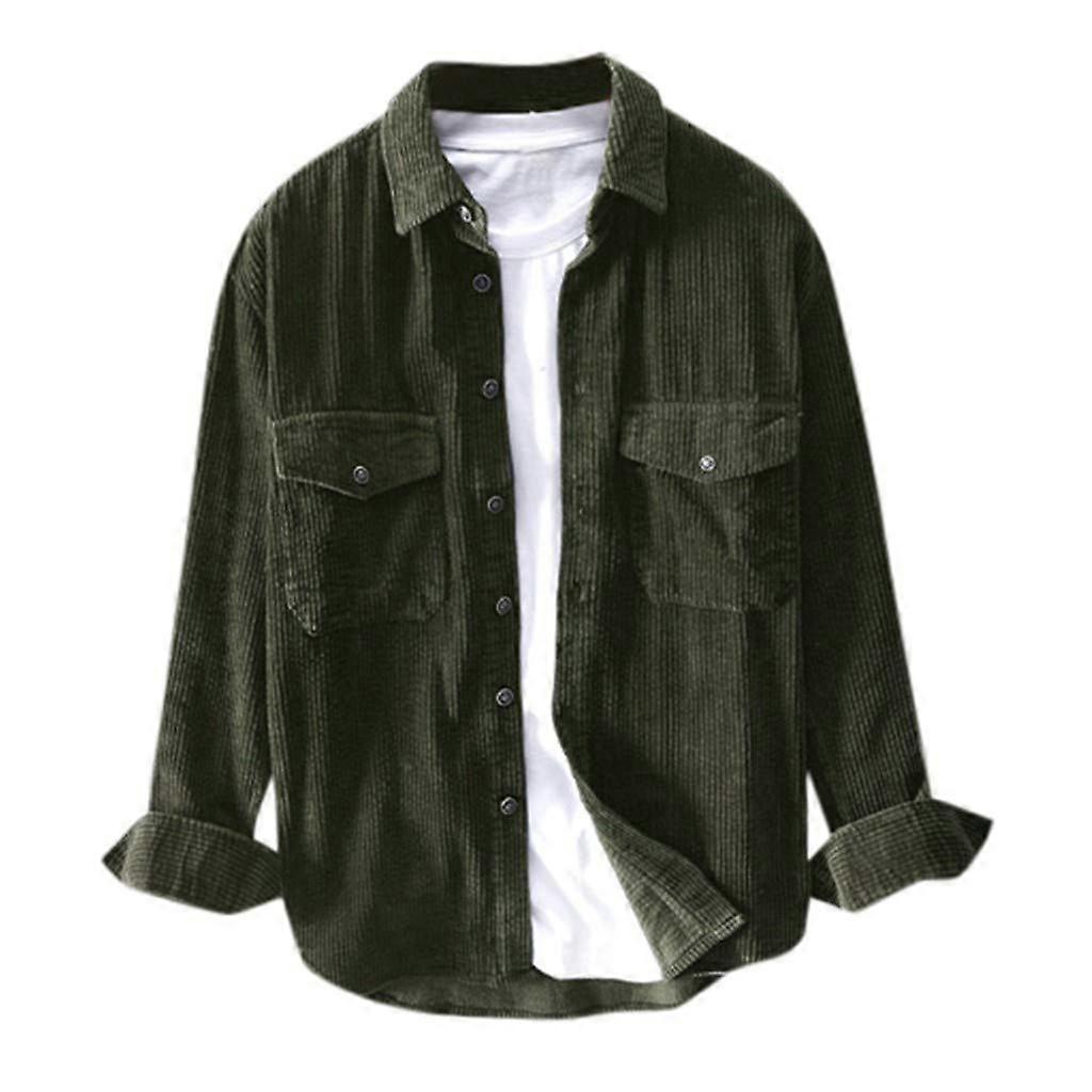 Corduroy Jacket Men's Vintage TurnDown Collar Long Sleeve Casual Sporty Regular Fit With Pocket Green Size M