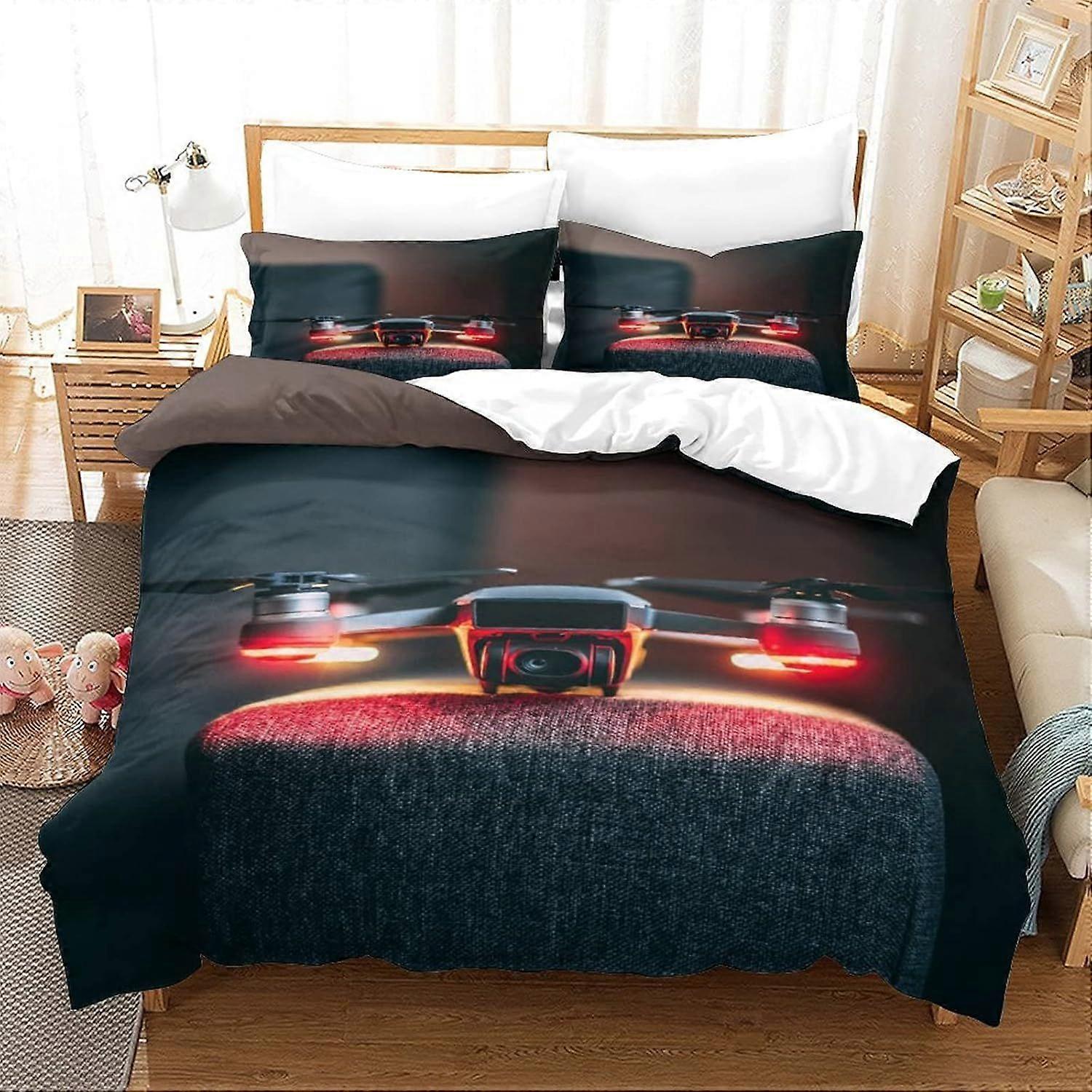 Conjunto de capa de edredom com estampa de tecnologia de câmera de drone, conjunto de roupa de cama com fronhas, conjunto de cama de Natal em microfibra macia com zíper, 3 peças, solteiro