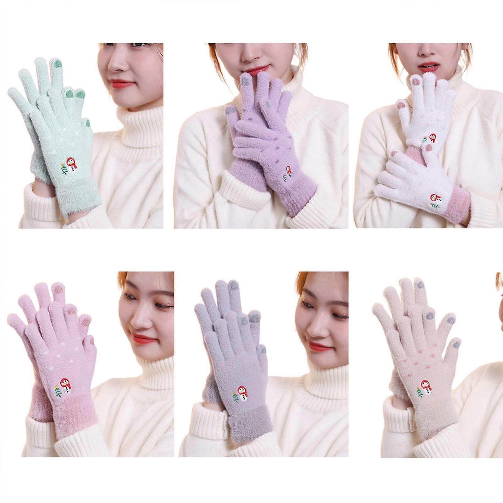 Mănuși calde tricotate Mănuși de pluș cu degete complete Mănuși cu ecran tactil cu om de zăpadă Manșetă elastică Mănușă brodată pentru mesaje text roz și alb