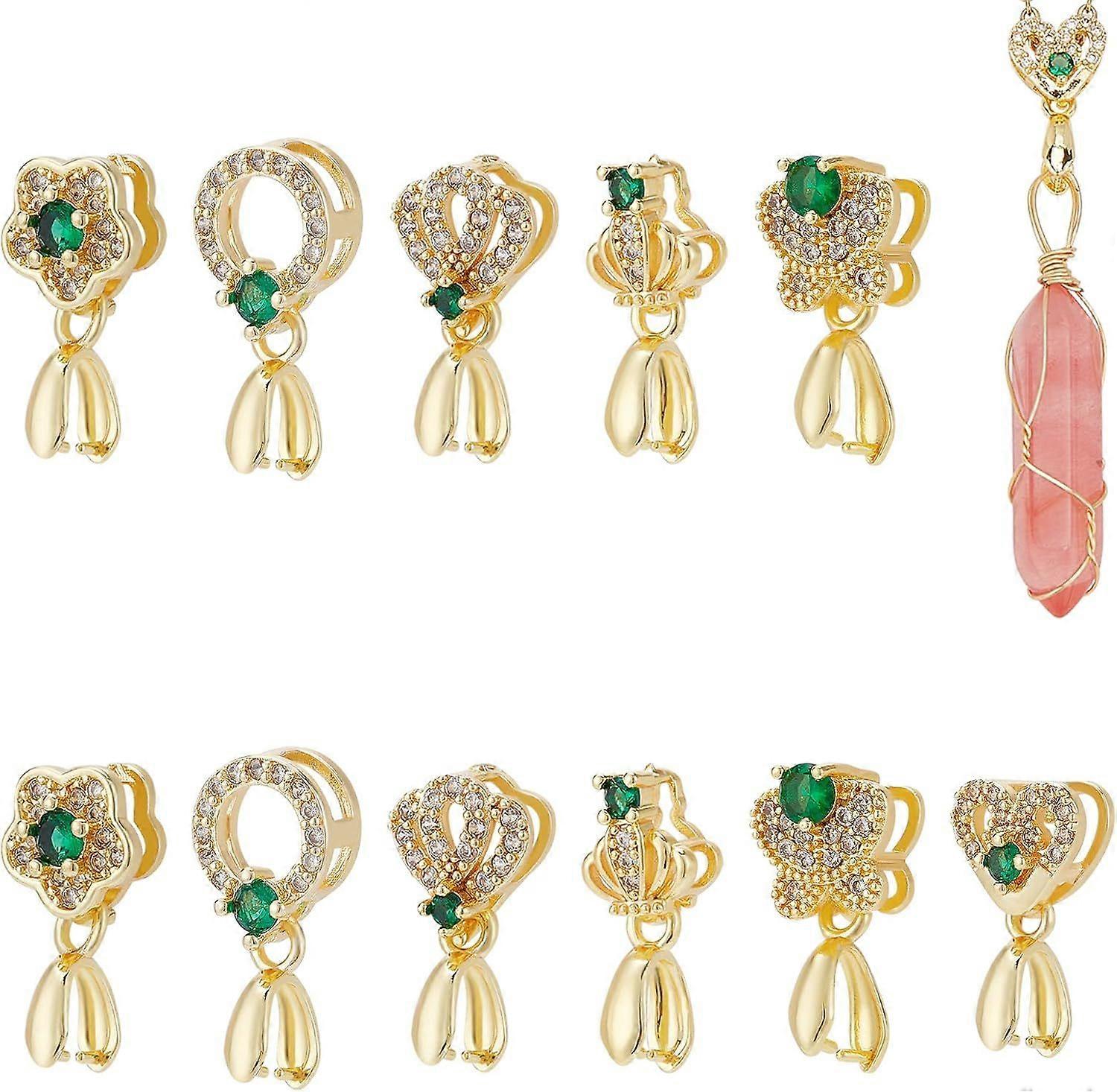 12pcs 18K Gold Plated Pinch Bails 6 Style Brass Dangle Charms Micro Pave Cubic Zirconia Snap on Bails Golden Ice Pick Pinch Clip Bail Clasp for Neckla