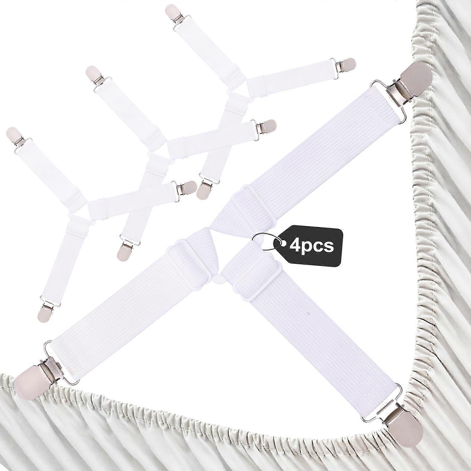 Bed Sheet Straps with Stable Triangle Grip, Adjustable Elastic Fasteners and Metal Clips, 4 Pack White