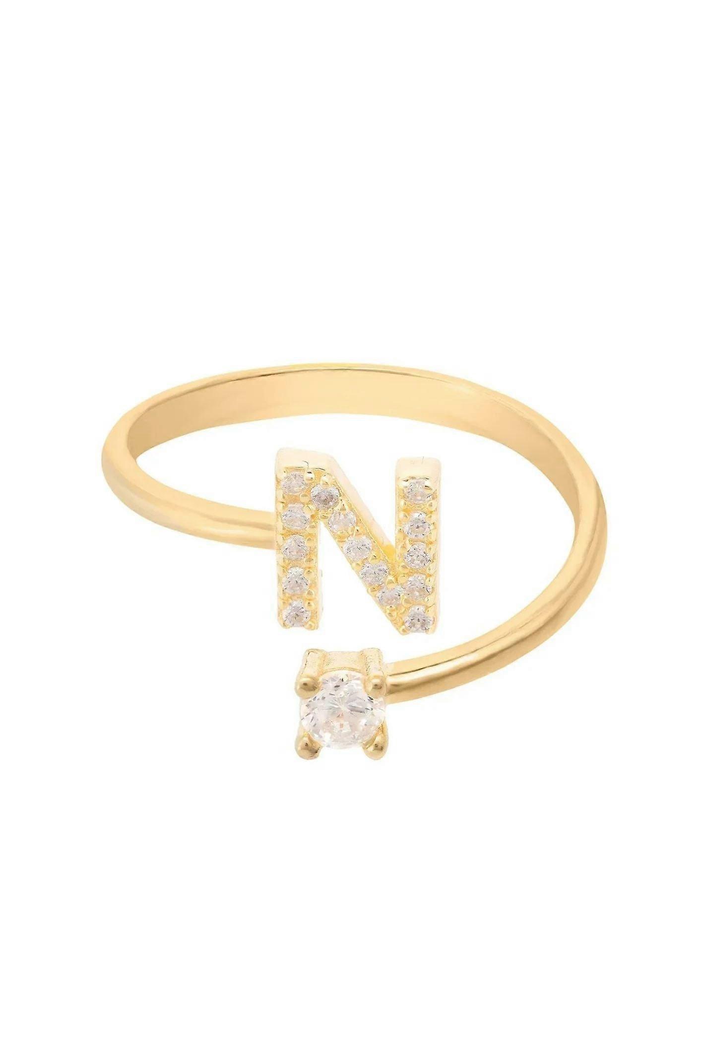 Latelita 女士 925 纯银首字母戒指，镶嵌 22K 金和白色立方氧化锆 - 女士平均尺寸 6 （M）