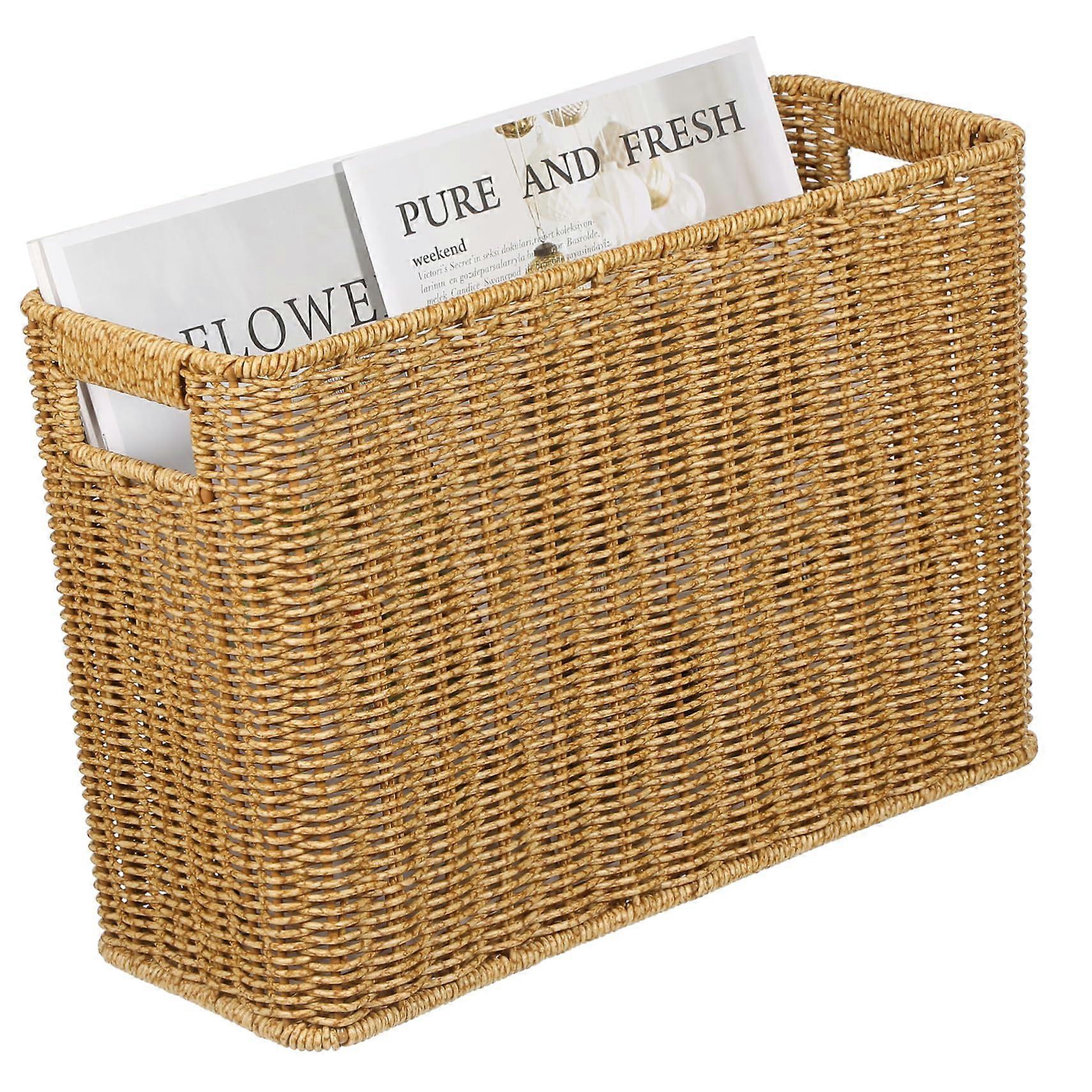 Woven Storage Basket with Lid Rustic Plastic Organizer Bin for Home and Desktop Storage