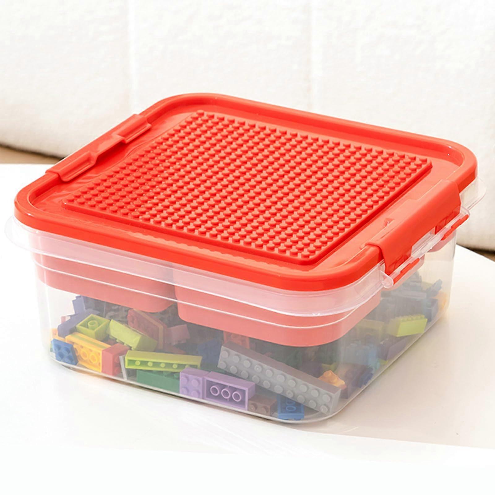 Storage Bin with Buildable Baseplate Lid, Stackable Building Blocks Organizer with Trays, Red for