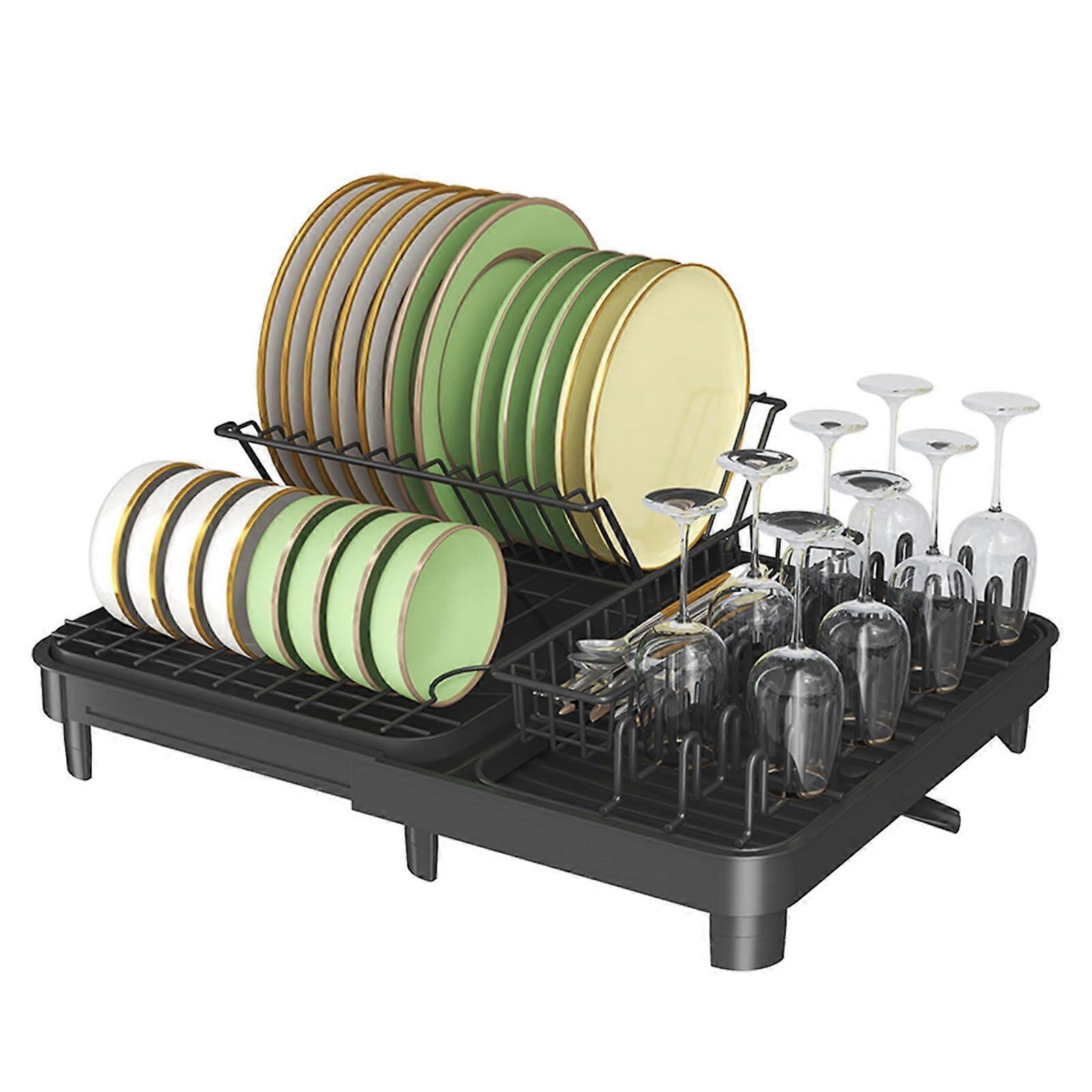 Black SpaceSaving Kitchen Counter Dish Drying Rack with Cutlery Holder and Automatic Drainage System