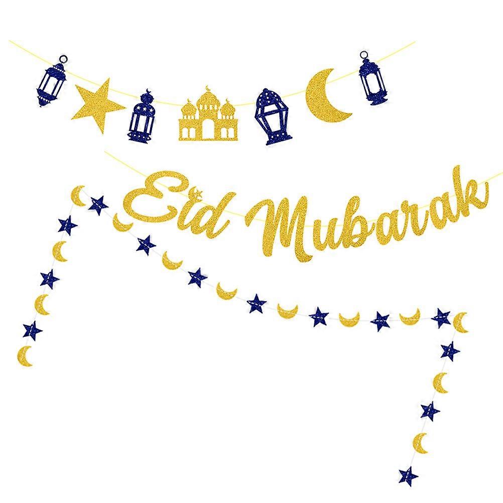 3pcs Eid Mubarak Hanging Glitter Banner Eid Mubarak Pull Flag Party Background