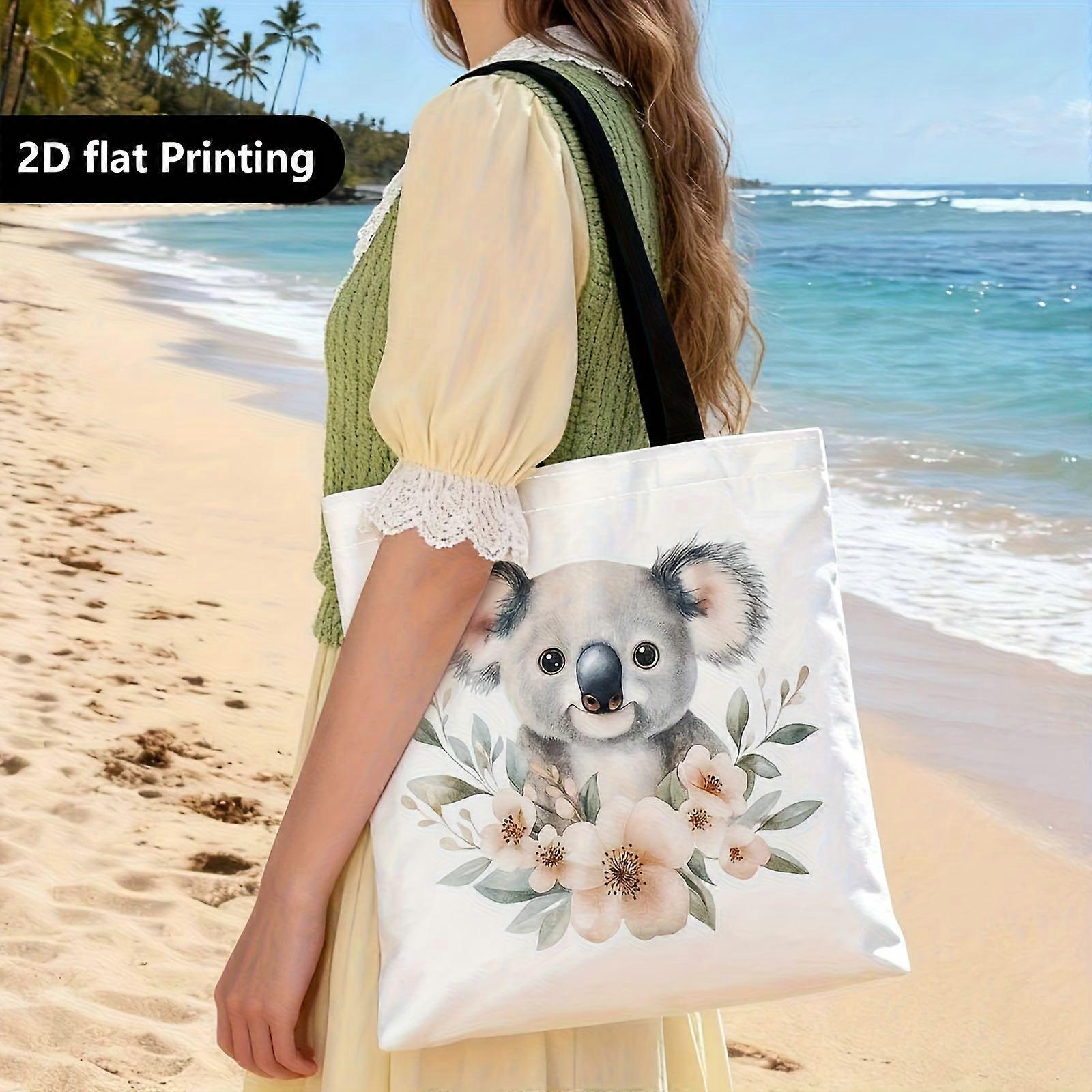 Sac cabas imprimé recto-verso (1 pièce), sac bandoulière portable, motif koala mignon, décoration de couronne, coloris doux - Rpolk