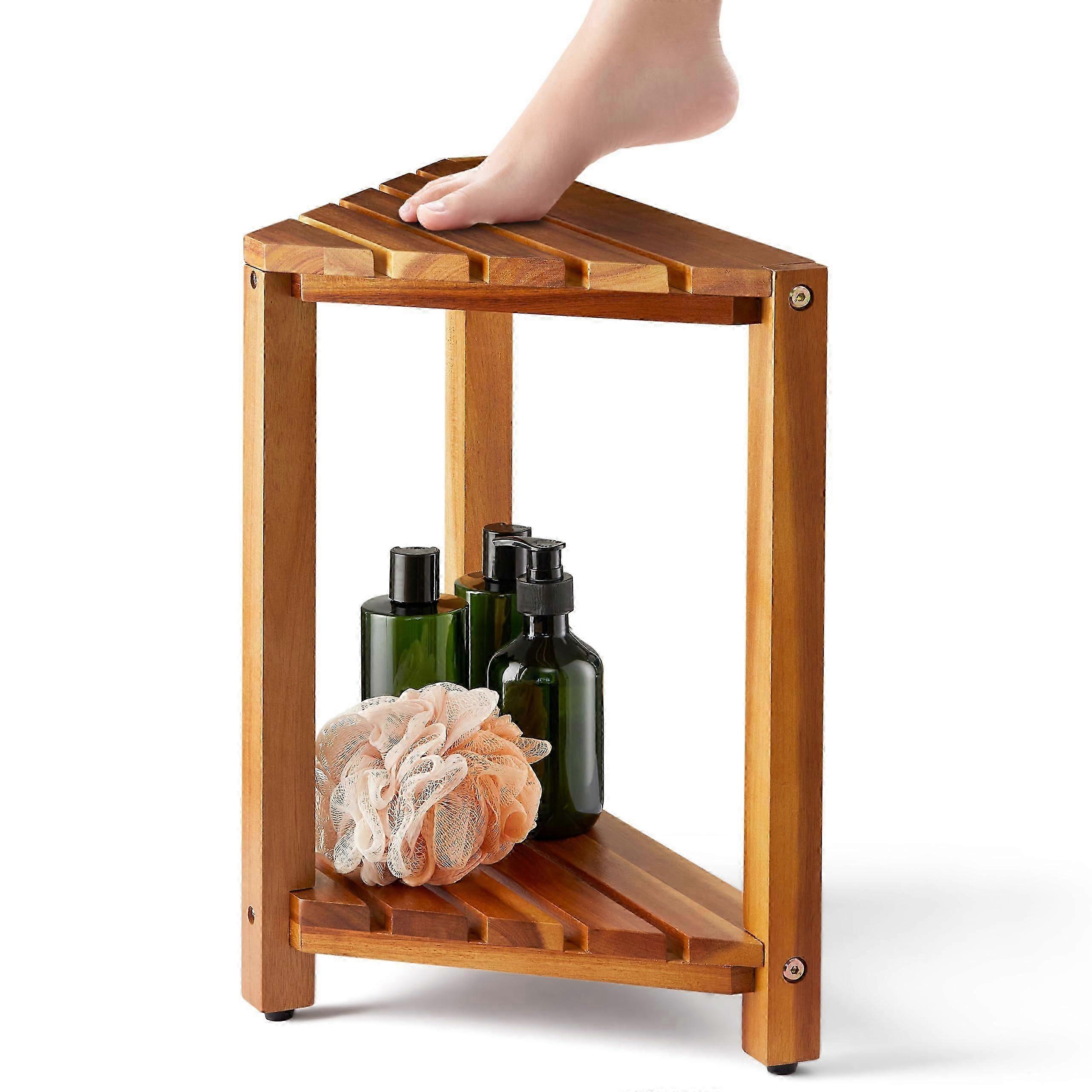 Wooden bathroom corner bench with storage rack