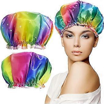 Duschhaube für Damen und Mädchen, 2 Stück, wiederverwendbar, doppellagig, wasserdicht, Beanie, Blumenmuster, Satin, PEVA, Duschhaube, Gummiband, Hüte, Spa-Dusch-Schlafhaube (Sterne | Regen)