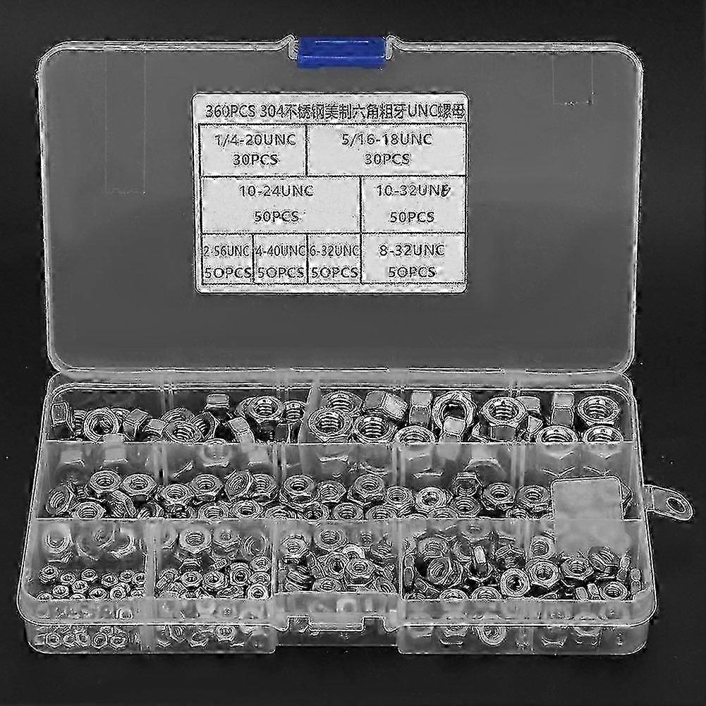 360pcs Stainless Steel Hex Nuts UNC Coarse