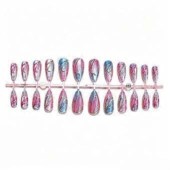 Blue Multicolor Ombre Cat Eye Butterfly French Press-On Nails, 24 pcs Almond False Nail Tips with Adhesive for Women and Girls