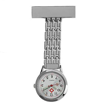 Veeki Reloj de bolsillo de acero inoxidable plateado Reloj de enfermera de cuarzo analógico Reloj de solapa colgante Reloj de bolsillo