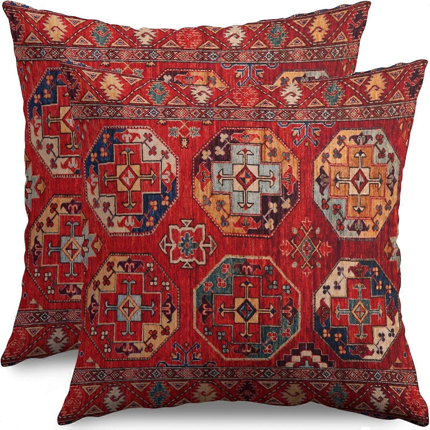 Κόκκινα Boho Καλύμματα Μαξιλαριών 20x20 Σετ 2 Vintage Ethnic Carpet Pattern Bohemian Floral Print Διακοσμητικές Μαξιλαροθήκες Υπαίθρια Διακόσμηση Αγροικίας f