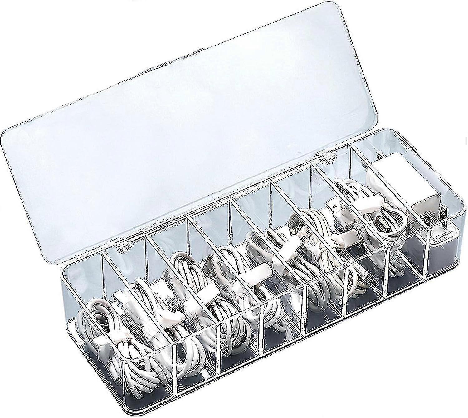Cable Storage Box - Transparent Management Case With Clamshell Lid, Multi-function Electronics Organizer With 8 Compartments, Desk Drawer Accessories
