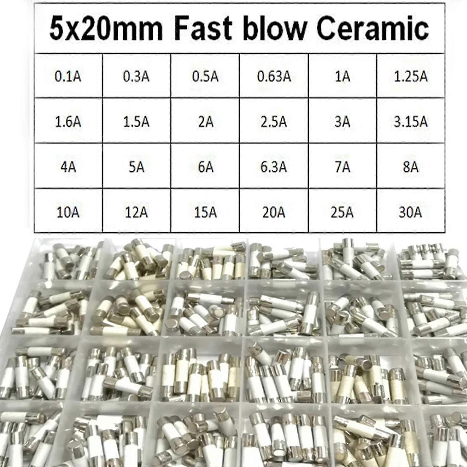 Fusibles céramiques 24 Valus 5 x 20 mm à fusion rapide 0,1 A, 0,3 A, 0,5 A, 1 A, 1,5 A, 2 A, 2,5 A, 3 A
