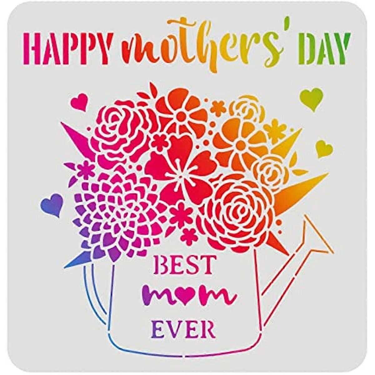 Happy Mother's Day Stencils Mother's Day Drawing Stencil Kettle Bouquet Pattern with Best Mom Ever Decoration Stencils for Painting on Wood Floor Wall