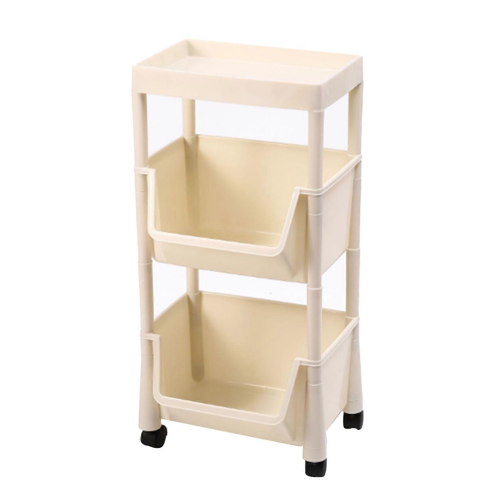 Storage Rack With Lid Modern Simple Style Removable Bookshelf Bathroom Punch Free Storage Cart Organizer Creamy White Three Layers