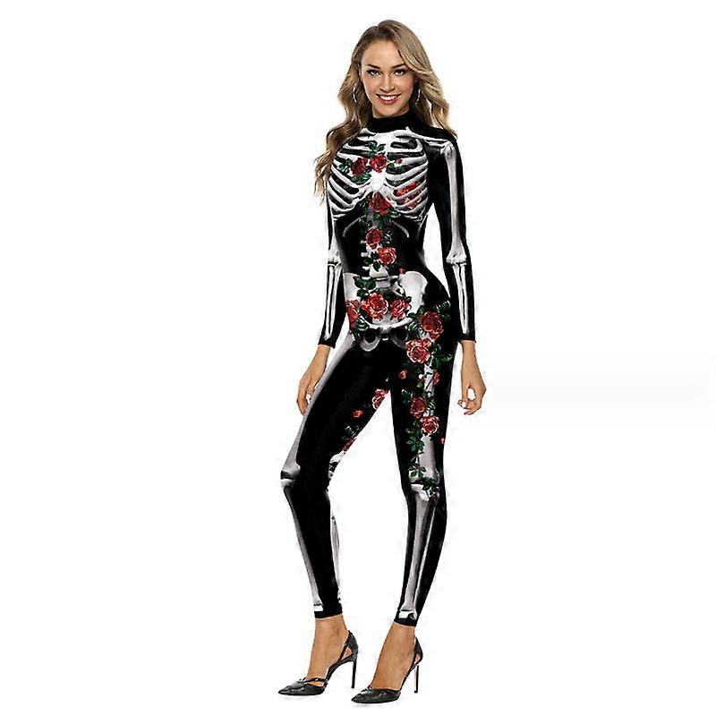 Women's 3D Print Vampire Costume Halloween Skeleton Costume Bone Skinny Jumpsuit