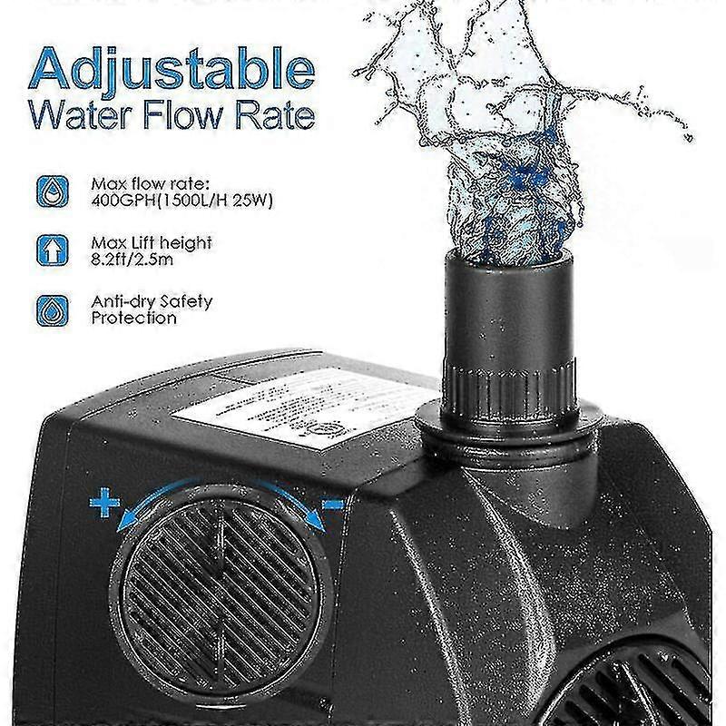 Fountain Pump, 400gph Submersible Water Pump, 25w Outdoor Fountain Pool Pump, 8.2ft Drop Height, 3 Nozzles For Aquarium, Pond, Fish Tank, Hydroponic W