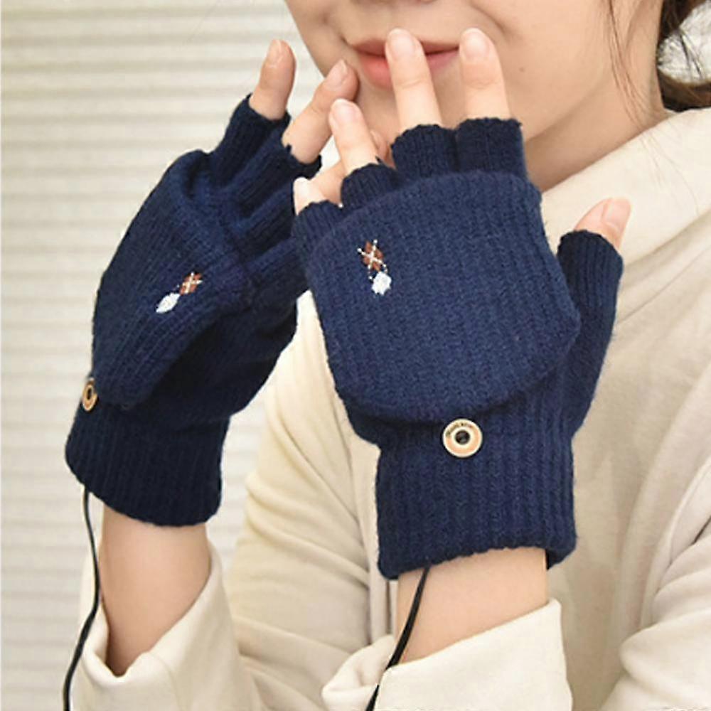 USB Heated Gloves Half Full Finger Heated Warm Gloves (Blue) Women Men Mittens Knit Gloves Adjustable Temperature Washable Winter Laptop Gloves