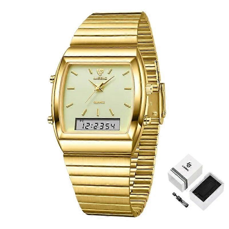LIEBIG Watch For Men Digital Double Display Fashion Gold Wristwatches Time Week 30M Waterproof Quartz Clock relogio masculino