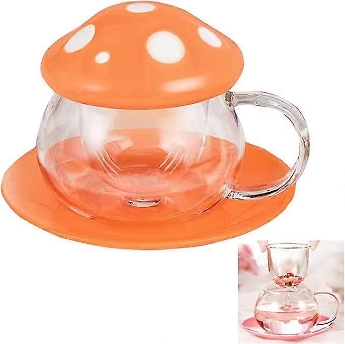 Tea Mug Mushroom Glass Coffee Cups with Strainer Filter Infuser for Loose Tea Cute Teapot with Ceramic lid Coaster Heat Resistant 330ML 11oz
