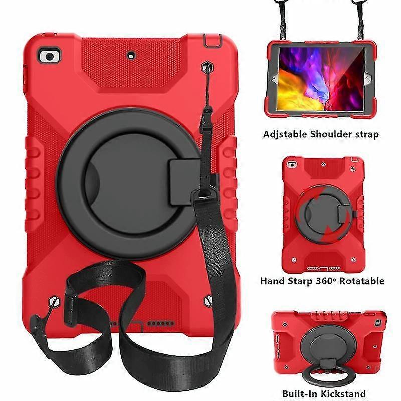 For Ipad 10.2 2021 / 2020 / 2019 Pc + Silicone Shockproof Combination Case With 360 Degree Rotating Holder & Handle & Shoulder Strap(red+black)