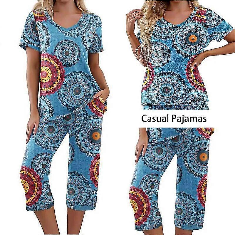 Ensemble de pyjama décontracté pour femmes d'été Élégant imprimé floral à manches courtes à col en V et pantalon de pyjama long Ample, confortable, respirant
