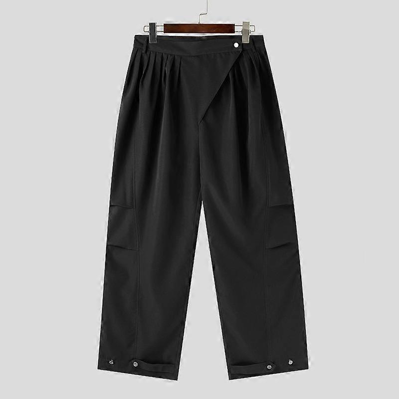 INCERUN Men Zipper Up Button Warp Ruffled Wide Leg Pants Casual Long Trousers