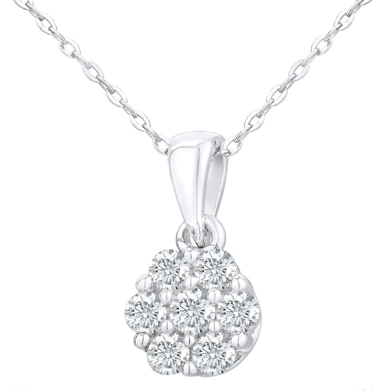 Jewelco London 9ct 白金圆形 20pts 钻石簇坠项链 18 英寸 46 厘米