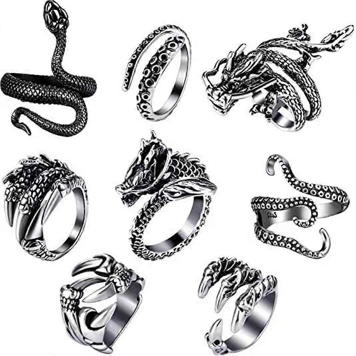Set of 8 Vintage Punk Rings with Dragon Snake Octopus and Eagle Designs Party Wear Accessories for Men