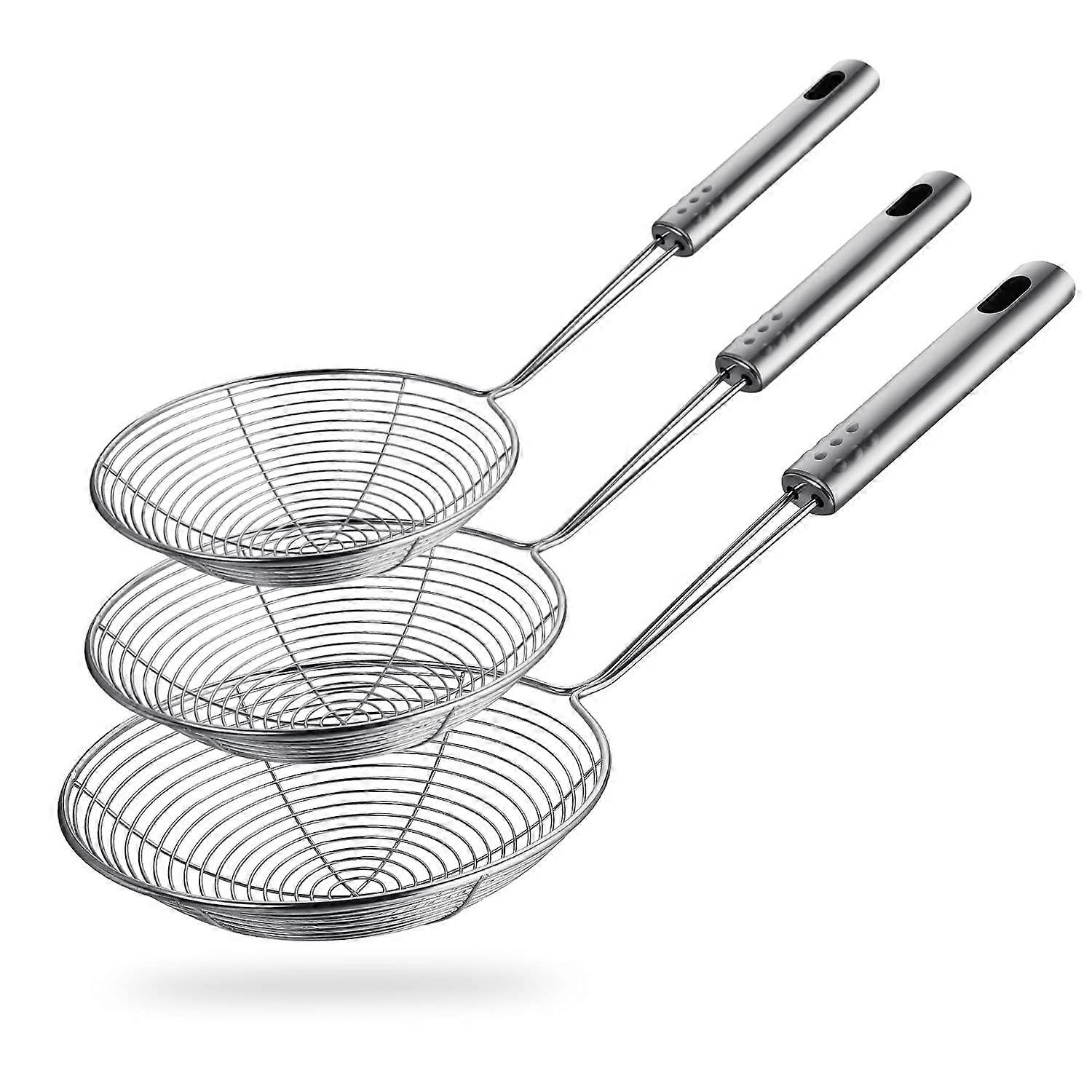 3-Piece Stainless Steel Spider Strainer Set for Deep Frying - Set Of 3, Small, Medium, Large Sizes, Fryer Skimmer