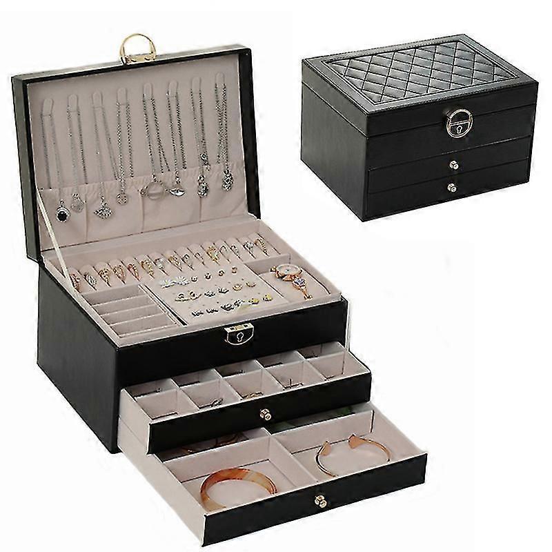 Multifunctional Three-layer Pu Leather Jewelry Storage Box With Lock