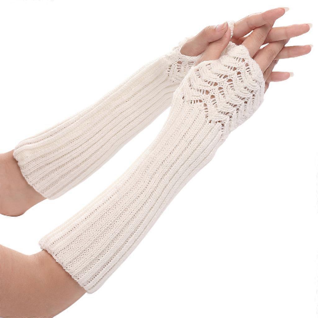 Halbfingerhandschuhe zum Tippen, Winter-Strickhandschuhe mit Daumenlöchern, Unisex-Halbfingerfäustlinge, dehnbar, warm, lange Handschuhe, weiß