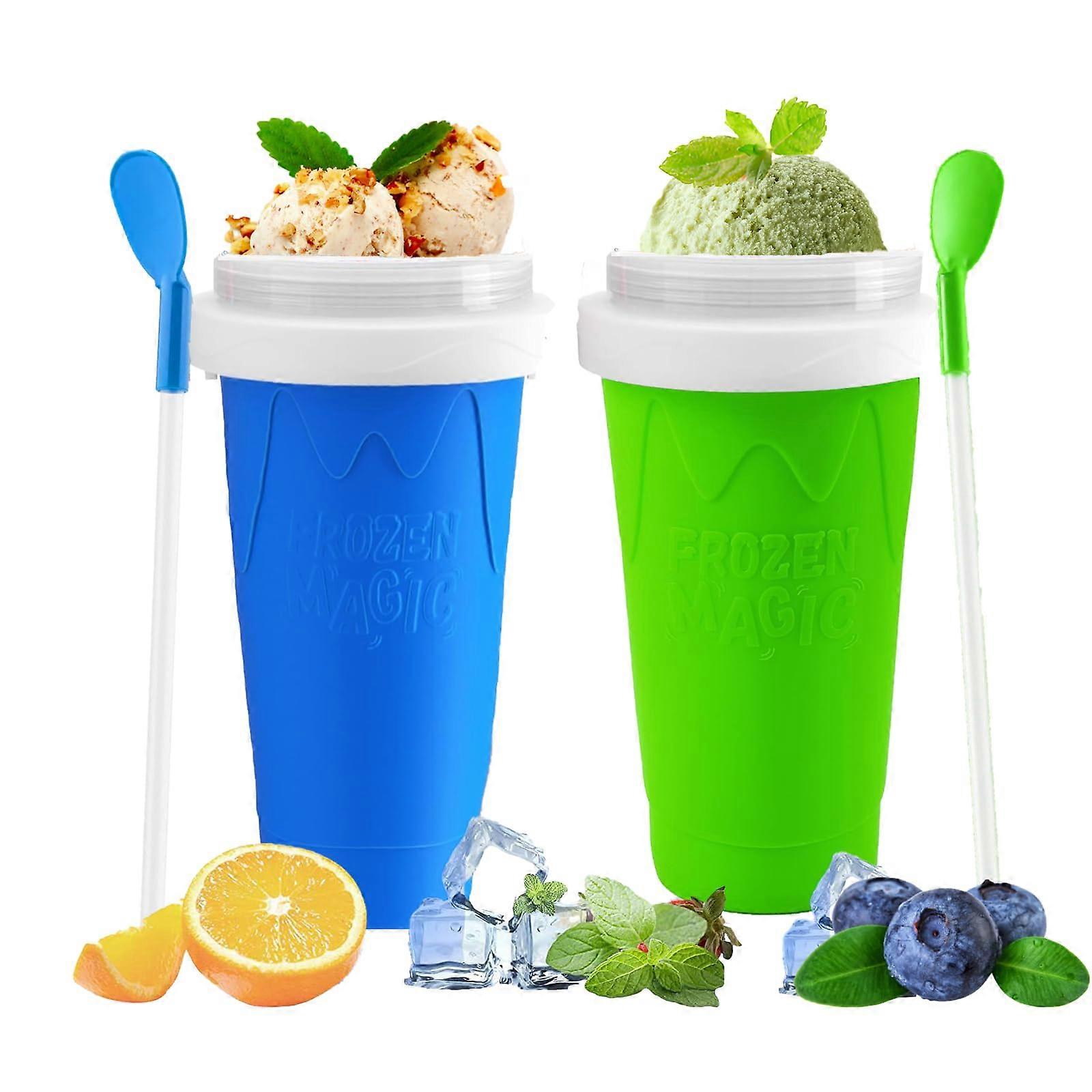2 Packs Magic Quick Frozen Double Layer Slushy Maker Cup with Straw and Spoon for Smoothies
