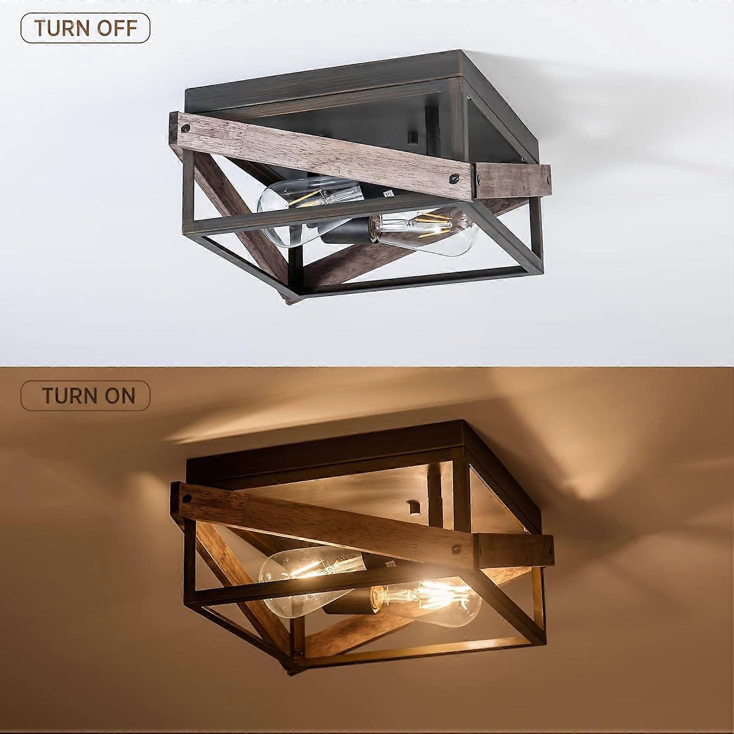 2-Light Rustic Ceiling Light Fixture, Farmhouse Flush Mount, Metal and Wood Square  Lamp, image size:1500x1500