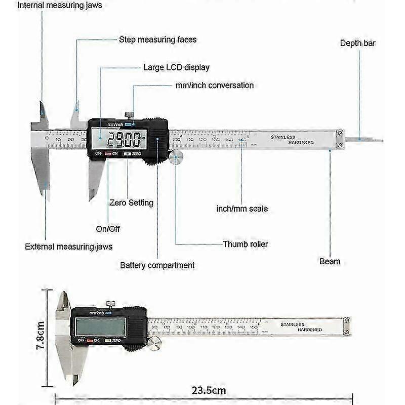 High-Precision Digital Caliper, Stainless Steel Ensures Longevity, Battery-Powered With Auto-Off For Economy, 4 Measuring Options, Large Lcd Screen